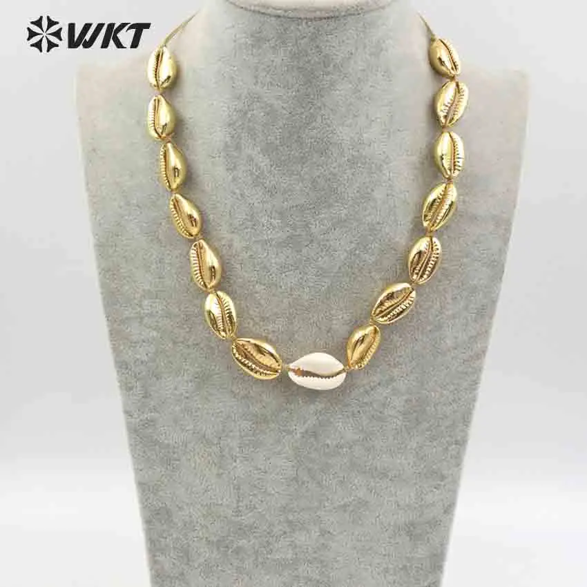 WT-JN039 WKT Опт natural sea ракушки Каури колье ручной работы женщины ожерелье с Полный металла золота гальваническим Регулируемая цепь