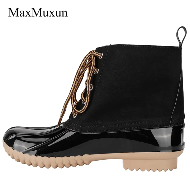black MaxMuxun/зимние ботинки; женские зимние ботинки из искусственной кожи со шнуровкой; резиновые ботильоны; повседневные ботинки из водонепроницаемого материала без застежки; обувь на массивном каблуке - Цвет: black