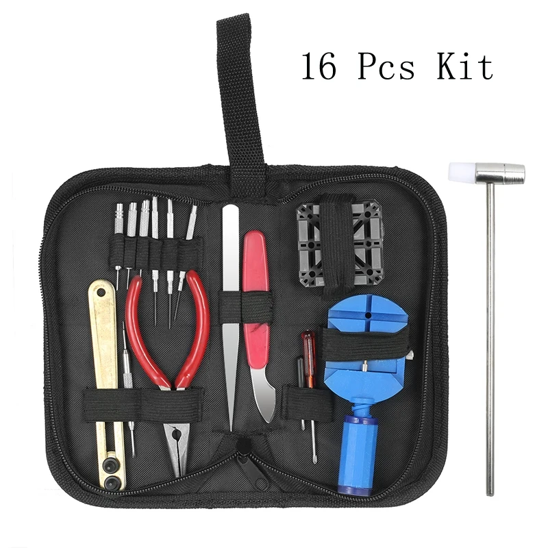 

16pcs Watch Tools Set Watch Repair Tool Kit Clock Screwdriver Set Remover Watchmaker Pin Remover Hammer Pliers Opener Hand Tool