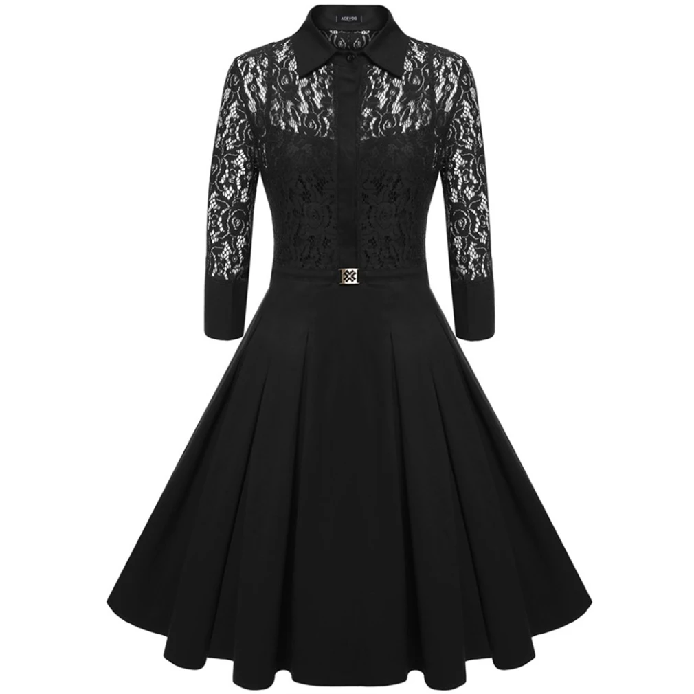 

2017 Women Vintage Pleated Dress Autumn Retro Style Sexy Pattern Slim Casual Party Swing Lace Dress 2 Pieces Dress