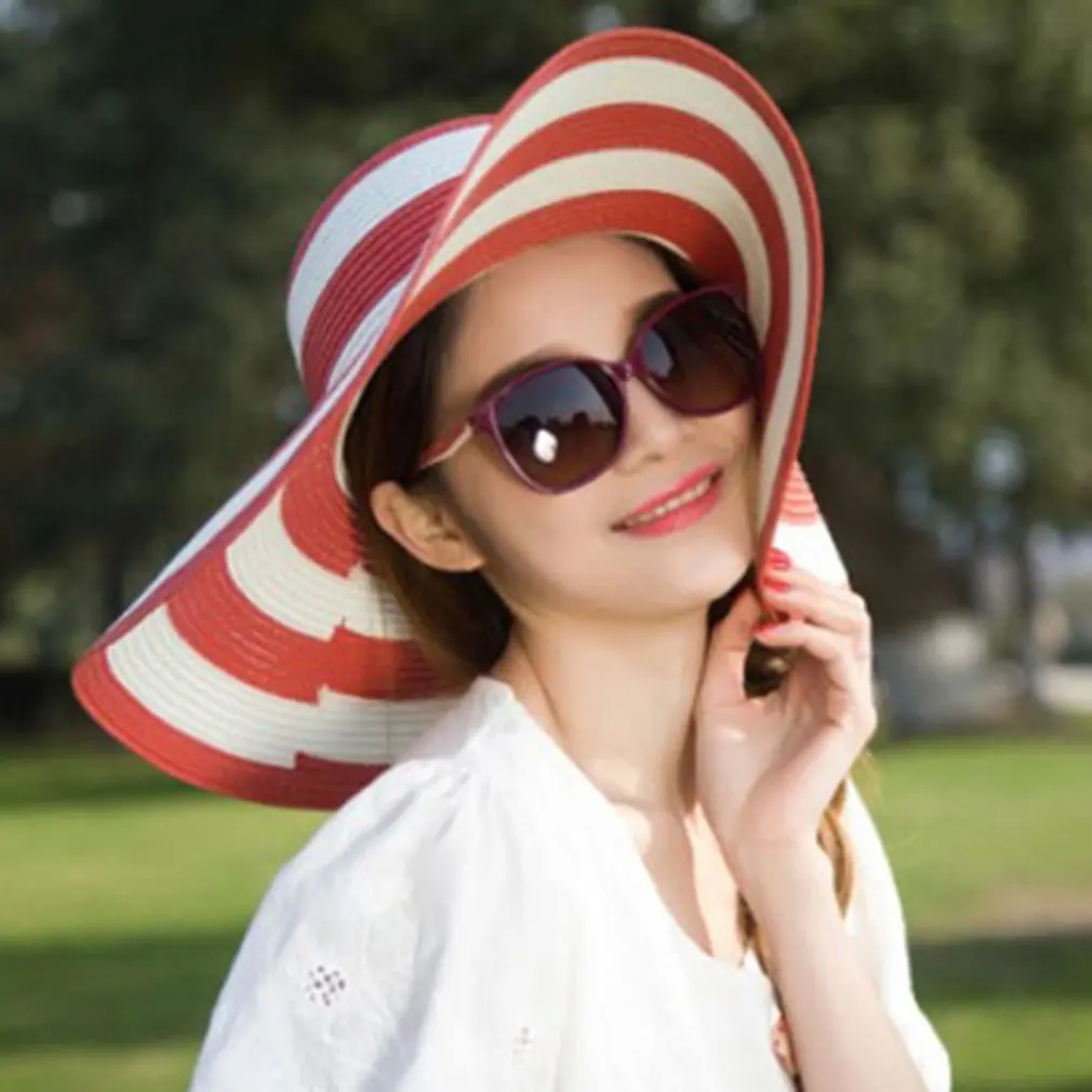 

Summer Sun Hat For Women Straw Wide Brim Stripe Printed Caps Lady Girls Beach Vintage Floppy Cap UV Protection New