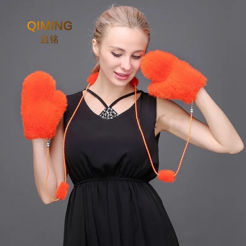 Mink Fur Orange Gloves Women Winter New Korean Version Of The Warm Cute Female Suede Weaving Fingers Fur Gloves