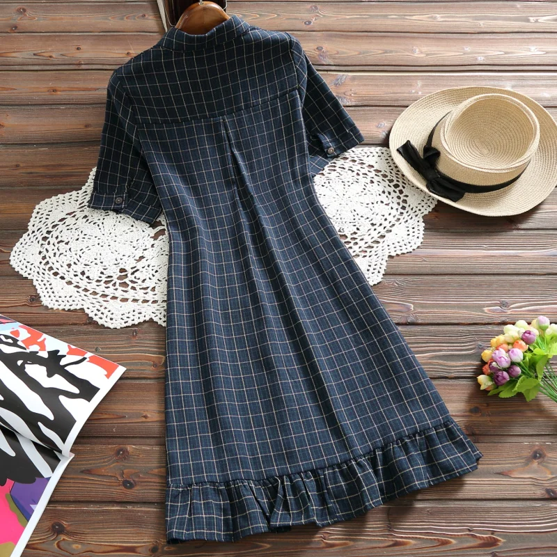 Женское клетчатое платье с коротким рукавом милое в корейском и японском стиле