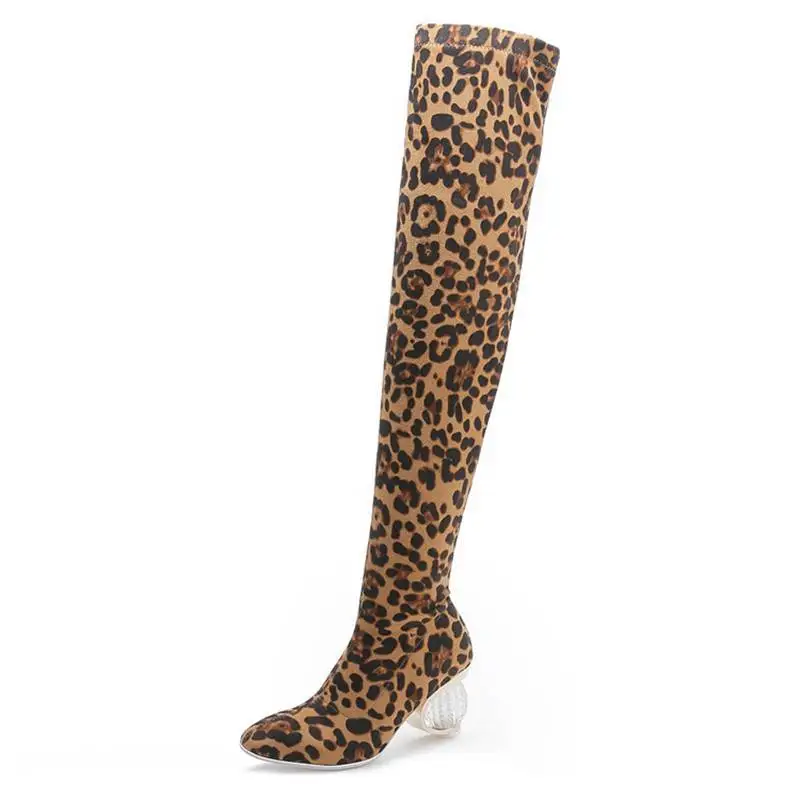 SIMLOVEYO Winter Autumn Winter Stretch Thigh high boots Leapord Strange heel Suede leather Round toe Slip on Shoes women Size 44 - Цвет: Leopard Pu