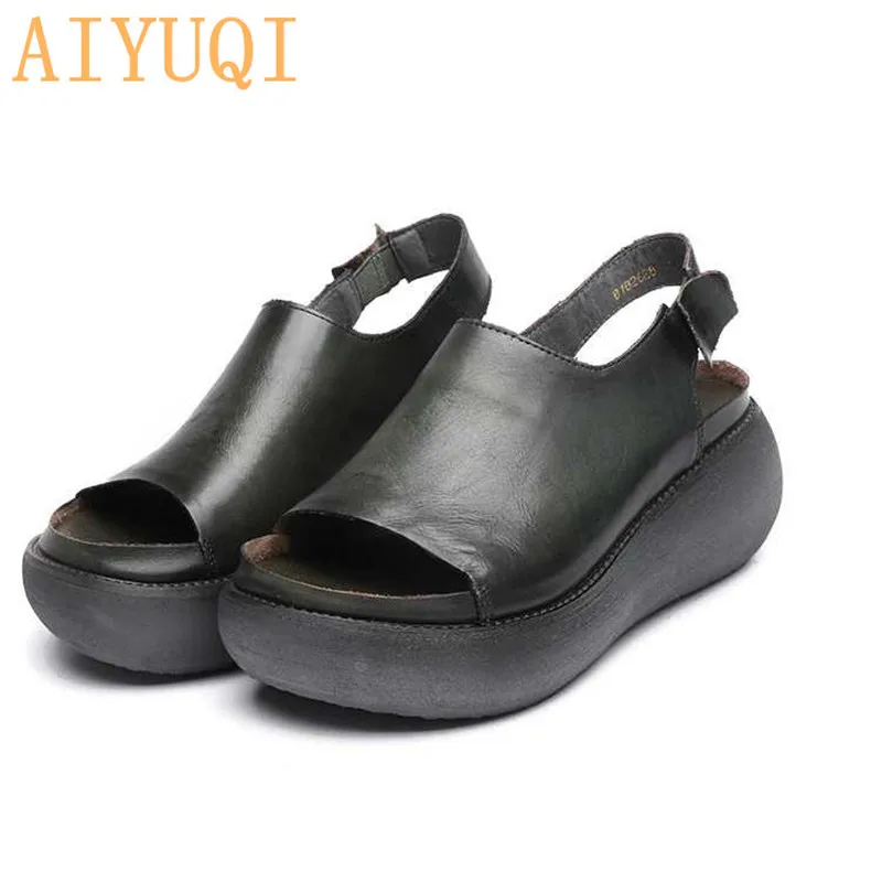 Dark green AIYUQI/женские сандалии; коллекция года; сезон лето; женские сандалии из натуральной кожи в стиле ретро; повседневная обувь на плоской платформе; женские сандалии в римском стиле в европейском стиле - Цвет: Dark green