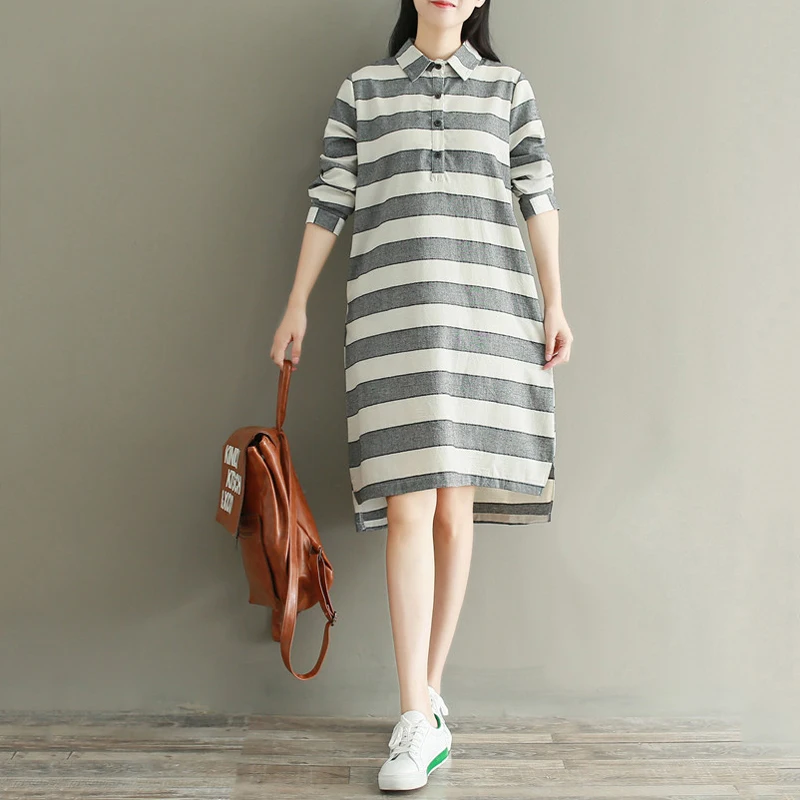 Женское платье большого размера хлопковое в полоску с длинным рукавом и