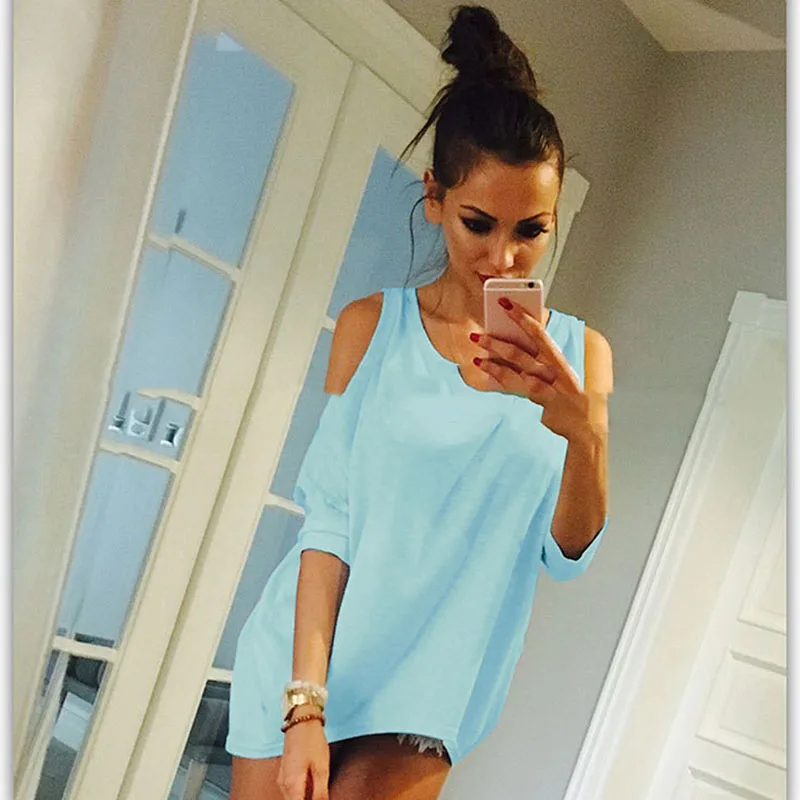light blue Женская летняя футболка с круглым вырезом, одноцветная, с открытыми плечами, сексуальная длинная футболка, женский топ, футболки, свободная повседневная футболка размера плюс 5XL 934998 - Цвет: light blue