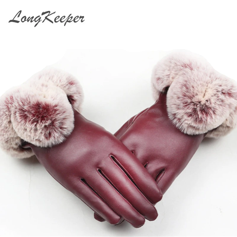 

LongKeeper Female Touch Screen Gloves PU leather Women Gloves Waterproof Faux Rabbit Fur Thick Warm Spring Winter Gloves G264