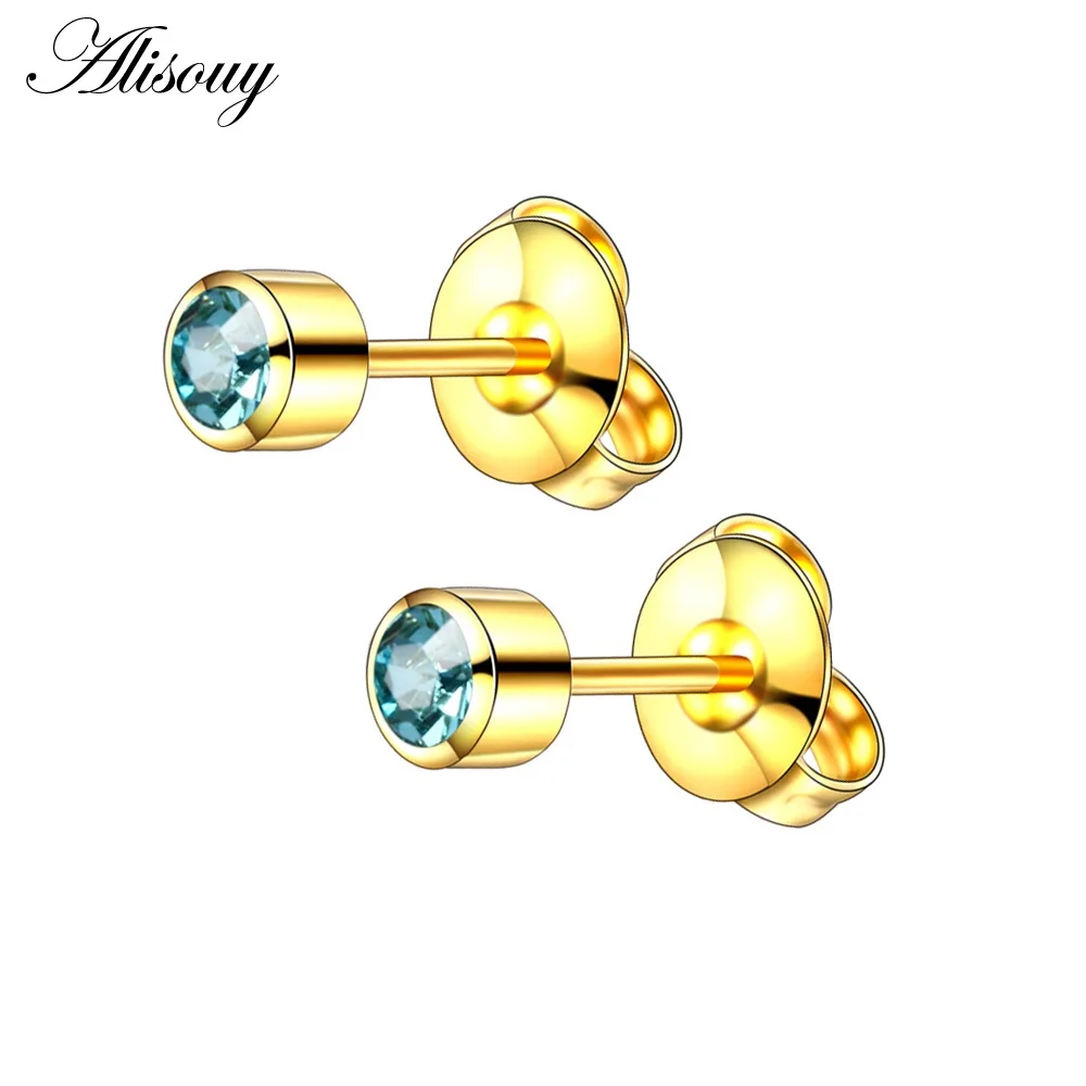 Gold-Sea Blue 2 шт стальные серьги-гвоздики, пирсинг для ушей, камень по месяцу рождения, драгоценный камень, серьги-гвоздики, серебро/золото, цветные серьги-гвоздики, ушной хрящ, ювелирные изделия для тела - Окраска металла: Gold-Sea Blue