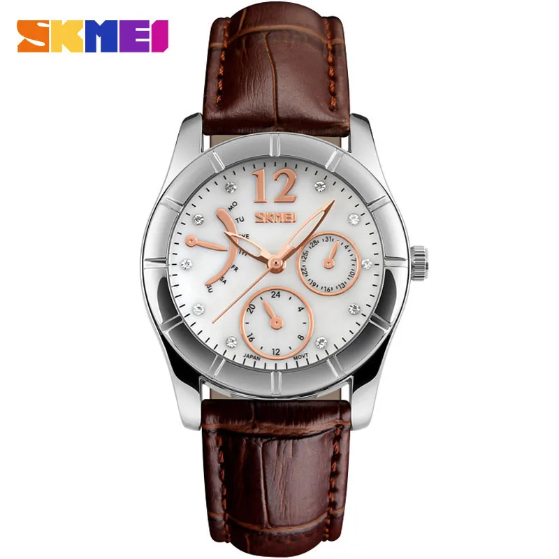 SKMEI Роскошные модные женские туфли часы кожа кварцевые наручные Reloj Mujer Montre Femme 50 м