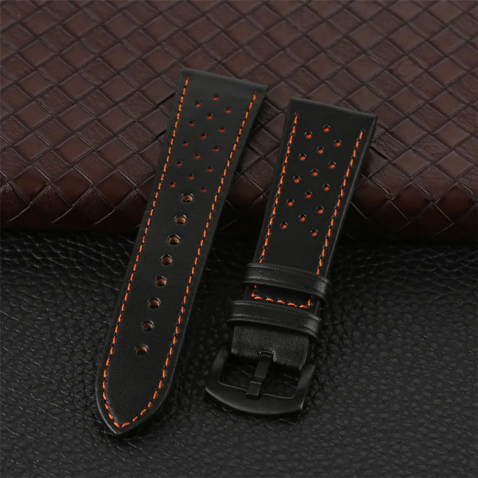 

22/24mm Hign Quality Vintage Black Genuine Leather Watch Band for Men Holes Belt Accessories For Replacement Watch
