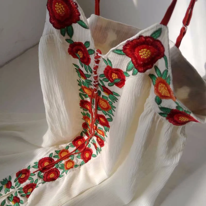 Сексуальное платье макси в стиле бохо, винтажное хлопковое белое летнее платье с цветочной вышивкой, женское платье на бретельках, платья