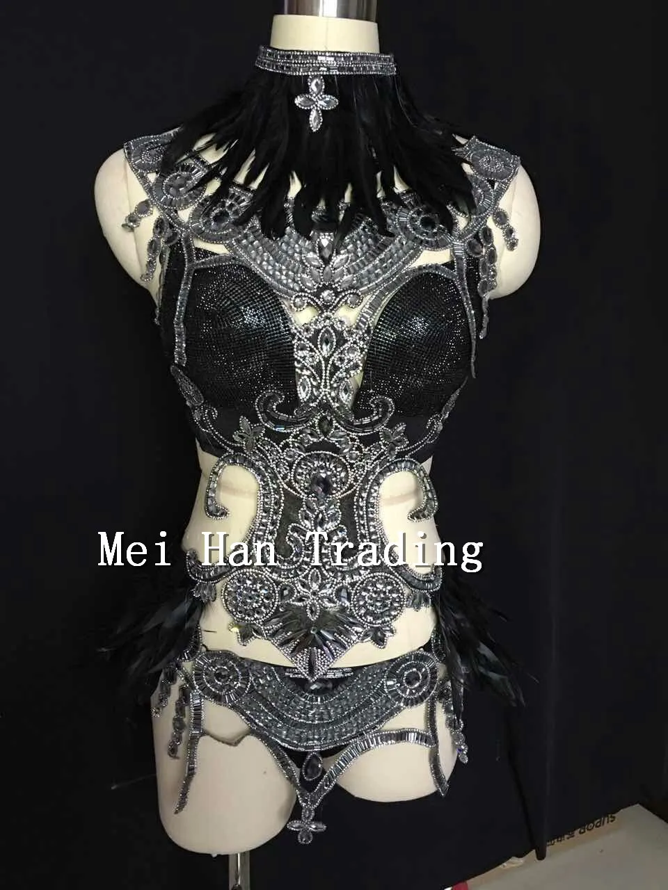 Bright Sequins Black Feather Bodysuit Stage Dancewear Costume Set Female Singer Prom Wear Fashion Show Dj Outfit Clothing