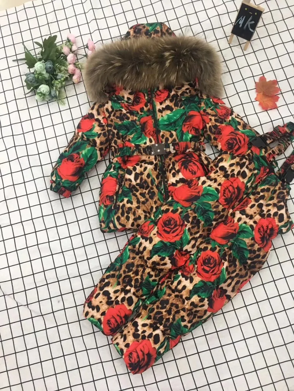 Winter Jacket Children down jackets& PANT duck down Fur hooded Leopard flower girl snowsuit boy set outerwear ski suit