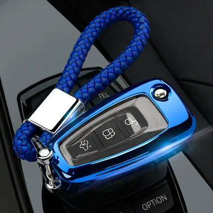 blue with keychain Мягкий чехол из ТПУ для автомобильных ключей, Чехол-держатель для Ford Focus 3 MK3 Focus 4 MK4 Fiesta Kuga Escape Ecosport Fob чехол с 3 кнопками - Название цвета: blue with keychain