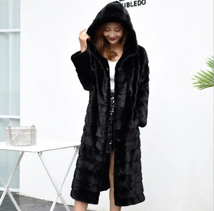 Autumn faux mink leather jacket womens long coats winter thicken warm fur leather coat women slim jackets fashion Hooded black