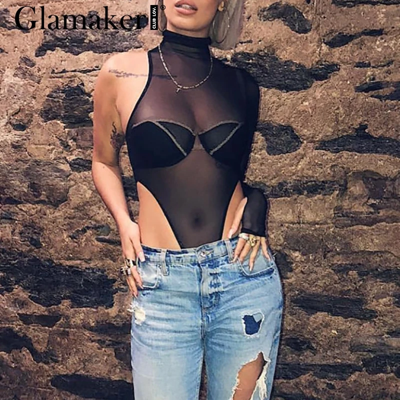 Женский сетчатый комбинезон Glamaker черный пикантный короткий с одним рукавом