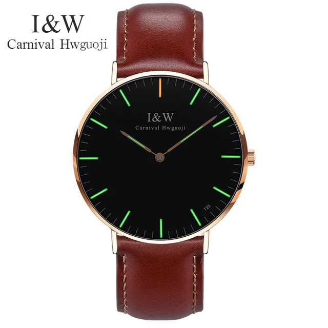 Brown Rosegold Green Модные мужские ультратонкие деловые кварцевые часы, карнавальный светильник I& W Тритий, светящиеся Мужские часы с кожаным ремешком, наручные часы, Relojes Hombre - Цвет: Brown Rosegold Green