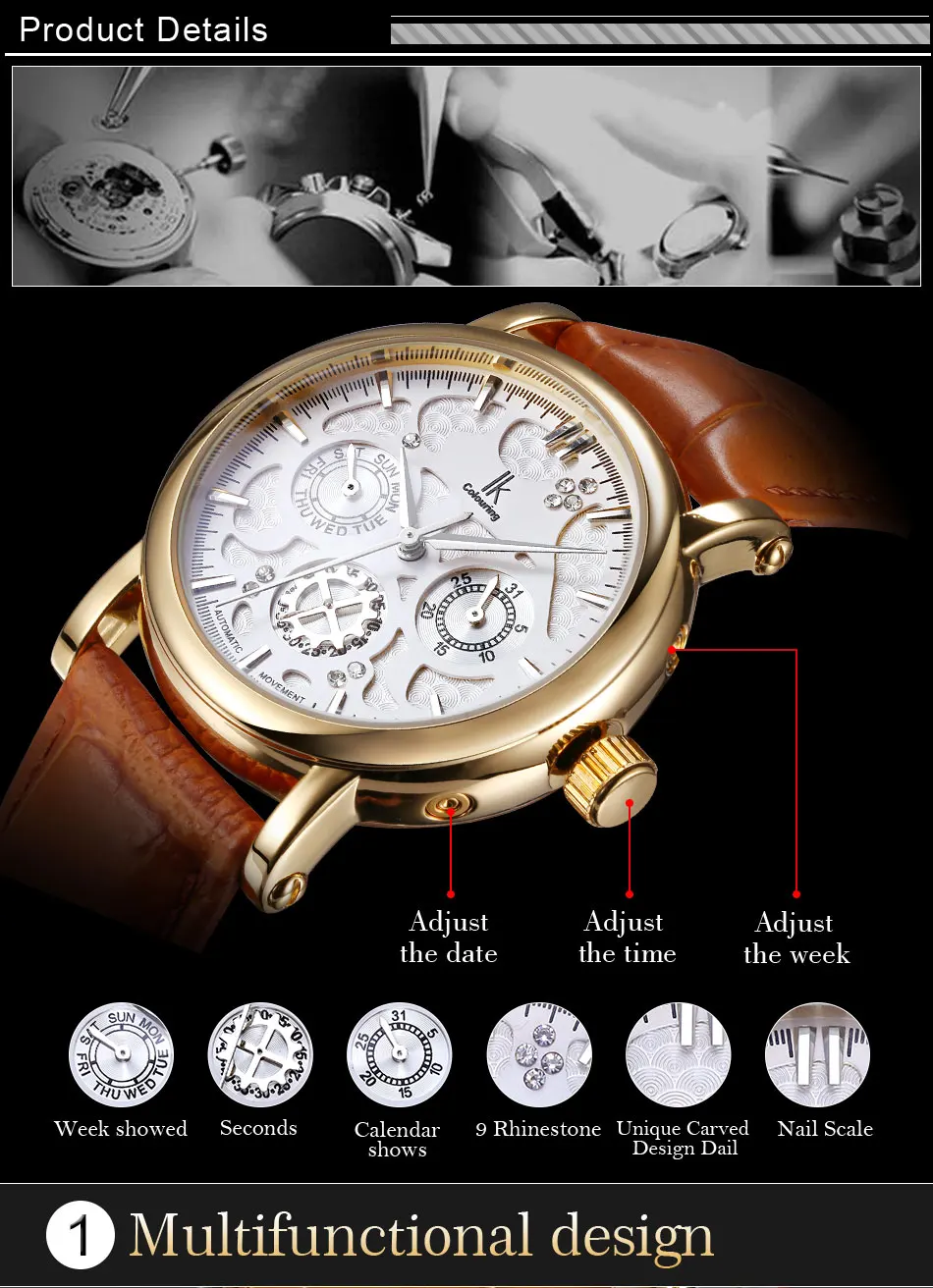 Разноцветные Автоматические наручные часы IK многофункциональные со стразами