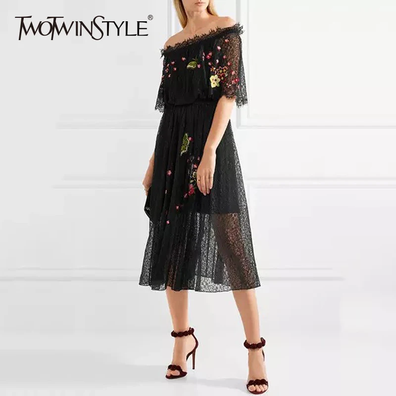 TWOTWINSTYLE, кружевное платье с принтом, для девушек, с вышивкой, с вырезом лодочкой, с открытыми плечами, туника, с высокой талией, платья миди,, Весенняя мода, новинка