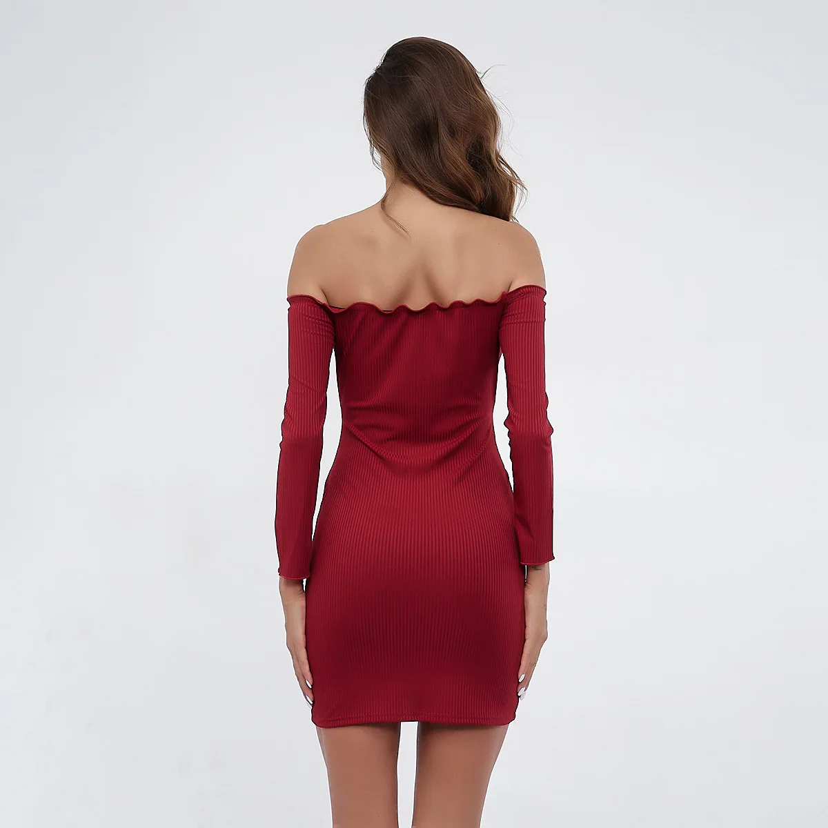BacklakeGirls сплошной цвет сексуальный Вязание Коктейльные мини-платья с длинными рукавами с поясом