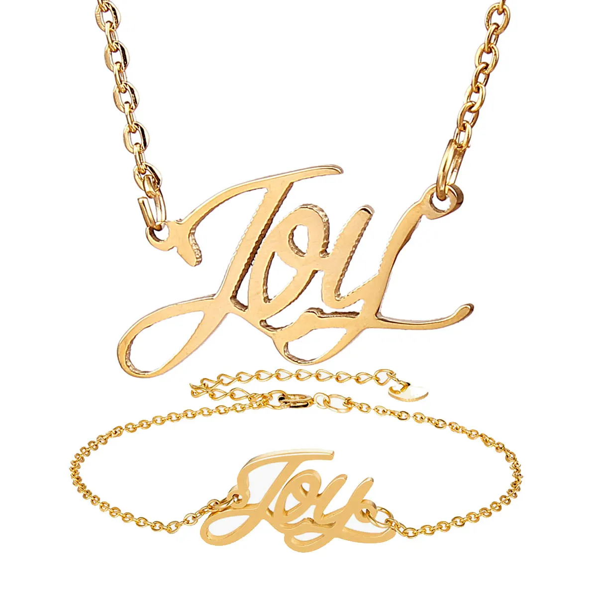

Fashion Stainless Steel Name Necklace + Bracelet Set " Joy " Script Letter Gold Choker Chain Necklace Pendant Nameplate Gift