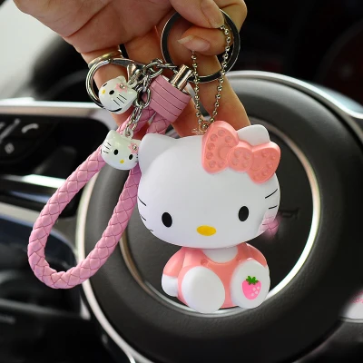Милый мультяшный брелок hello kitty из кроличьего меха с помпонами, помпонами, брелок для женщин с кожаным ремешком, металлическое кольцо для ключей, цепочка для автомобильных сумок, брелок D35A - Цвет: 8