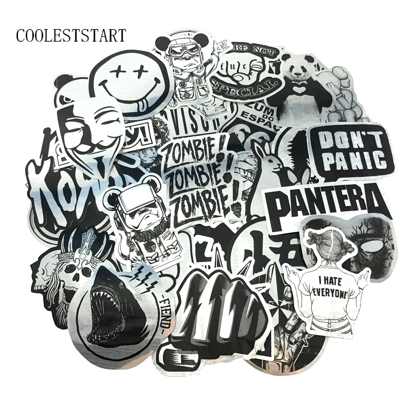 10/50 Pcs/Set Black and White Wire-drawing Stickers Imitating Metal Stickers Graffiti Waterproof Stickers For Laptop Luggage