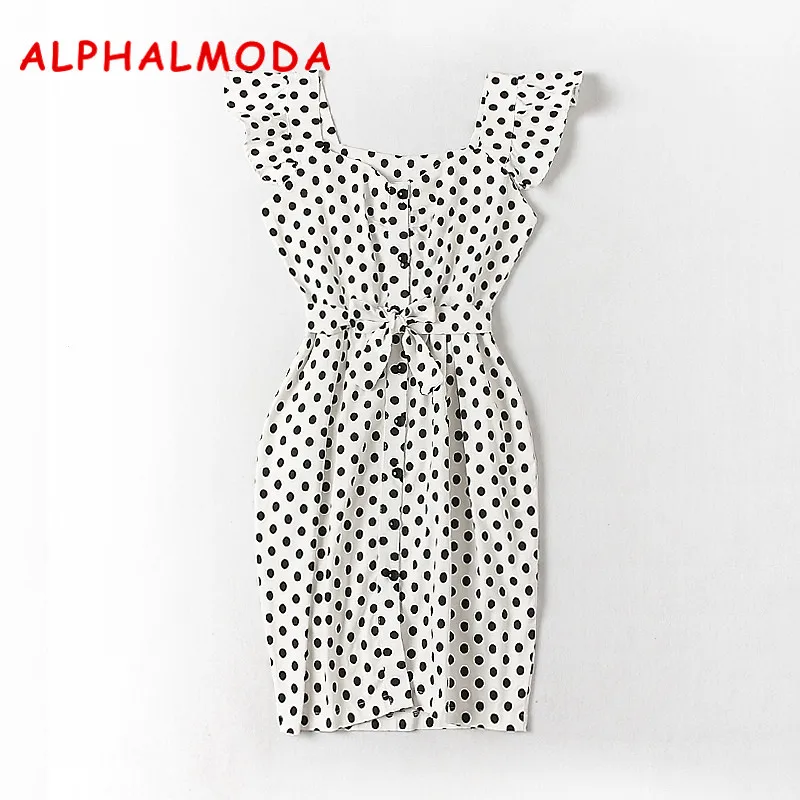 ALPHALMODA, новинка, рубашка в горошек, платье с карманами, рукав-лепесток, однобортное, тонкое, с поясом, женская мода, летнее платье - Цвет: Белый