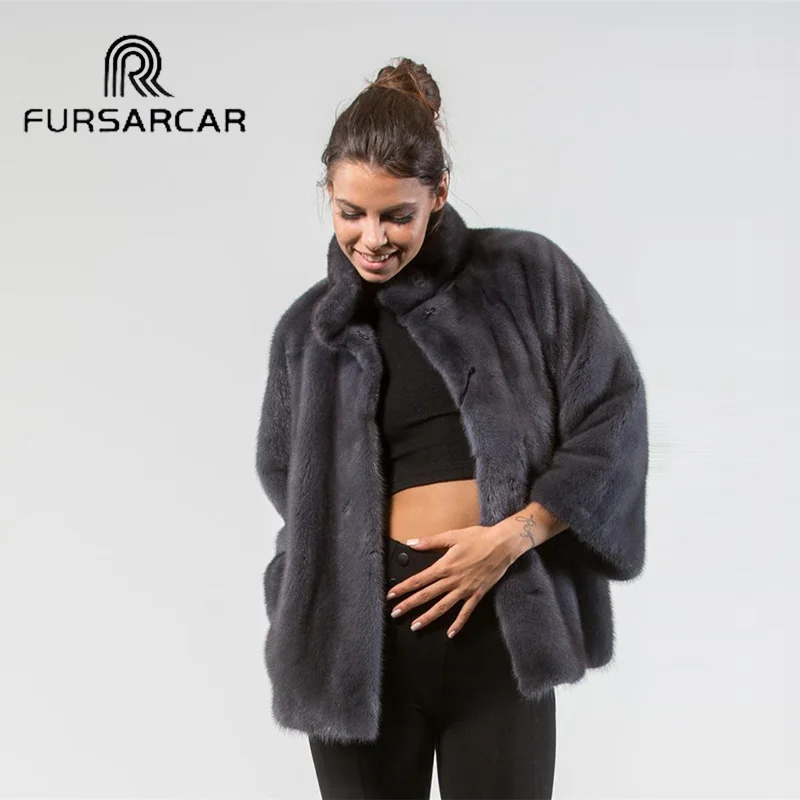 Женская норковая шуба FURSARCAR длинная из натурального меха норки со стоячим