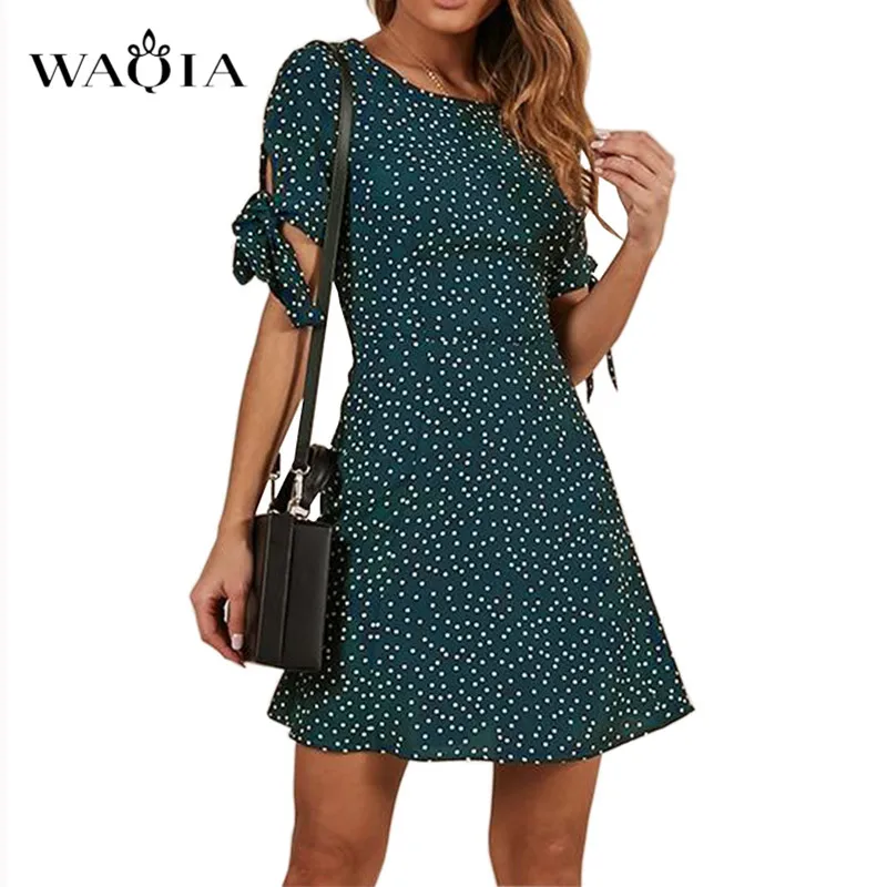 WAQIA 2019 женское летнее платье в богемном стиле шифоновое пляжное горошек туника