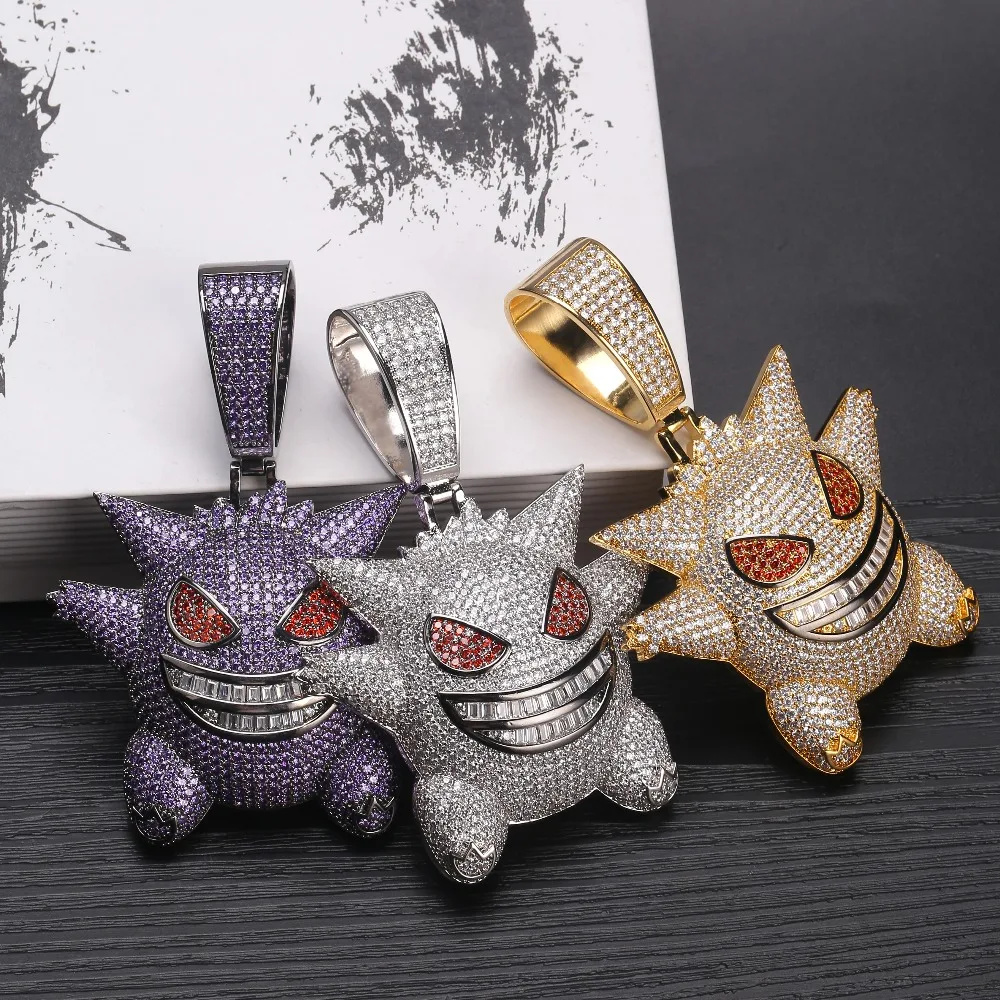 Супер большая подвеска Gengar Iced Out, мужское ожерелье с 12 мм кубинской цепочкой в стиле хип-хоп, персонализированные золотые серебряные подвески, ювелирные изделия