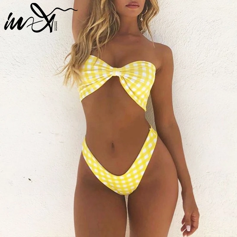 In X женский купальник с высоким вырезом бикини бандо топ сексуальное Бразильское