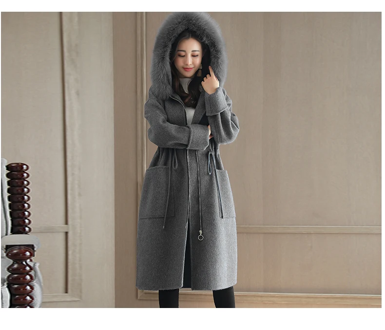 Офисное женское длинное шерстяное пальто на молнии с воротником под горло