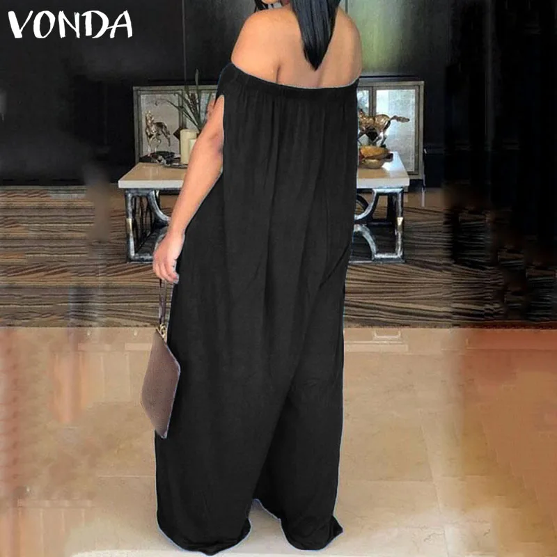 VONDA/женские комбинезоны размера плюс 5XL, комбинезон с широкими штанинами, повседневный однотонный комбинезон с открытыми плечами, в пол, комбинезоны большого размера