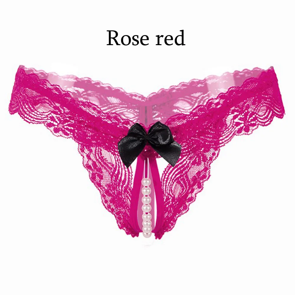 rose red Высококачественные сексуальные женские стринги, женские трусики с жемчужинами, кружевной бант, Эротические трусики, Прозрачное нижнее белье - Цвет: rose red