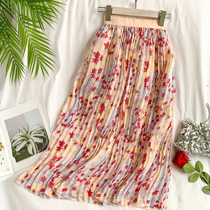 

HISUMA 2019 spring summer New women's high waist stars printing chiffon pleated skirt female elegant skirts