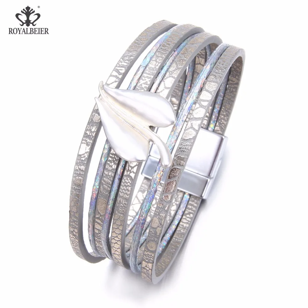 RoyalBeiery 1 шт. кожаная сумка Магнитный Браслет Модные очаровательные женские ювелирные изделия с листьями жемчугом