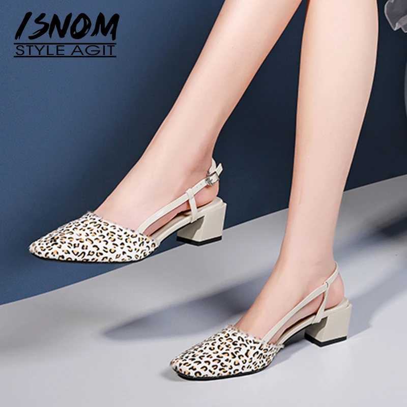 

ISNOM Leopard Horsehair Sandals Women Small Fragrance Summer Slingback Sandals Women Med Chunky Heels Office Shoes Black 2020