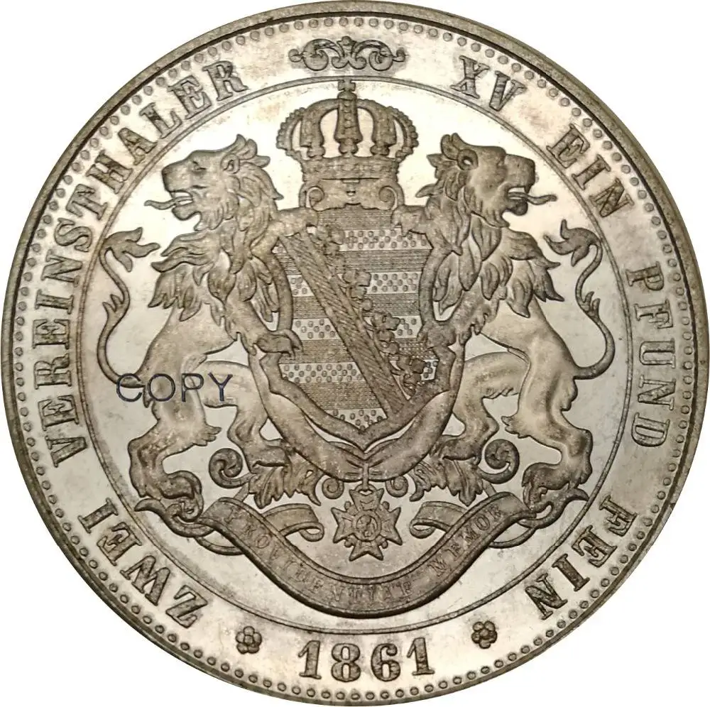 

German States 2 Vereinsthaler 1861 B King Johann of Saxony Brass Plated Silver Copy Coin