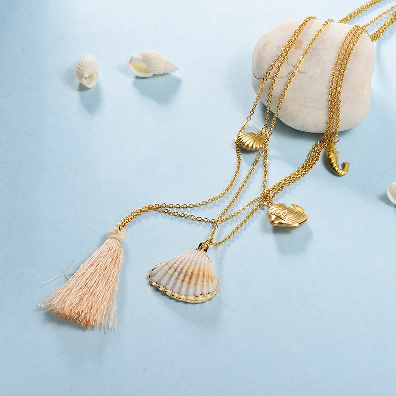 Baoyan Multi Layered Stainless Steel Necklace Boho Natural Sea Shell Pendant Necklace Handmade Light Pink Tassel Necklaces Women