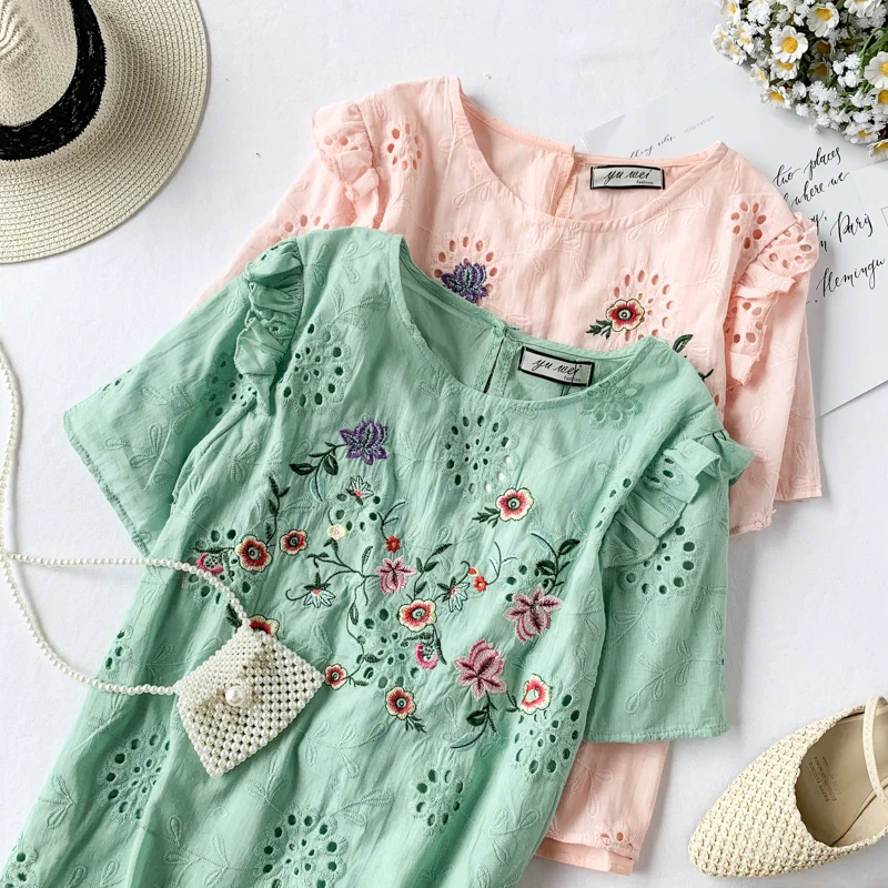 2019 Новая модная женская блузка рубашка свежая кружевная вышитая с коротким