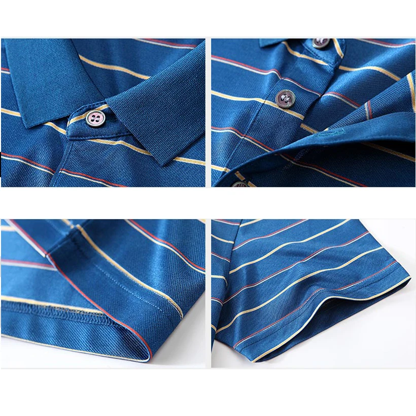 Летняя мужская рубашка поло из натурального шелка в полоску синего цвета для