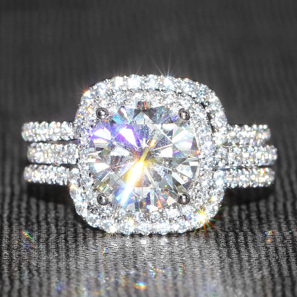 DovEggs 14K 585 Белое золото центр 3ct центр 9 мм F цвет Moissanite алмаз обручальное кольцо со светлым окаймлением обручальное кольцо Набор для женщин 3 шт
