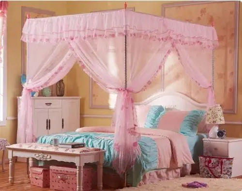 Белая кружевная Четырехугольная стойка для кровати навес москитная сетка