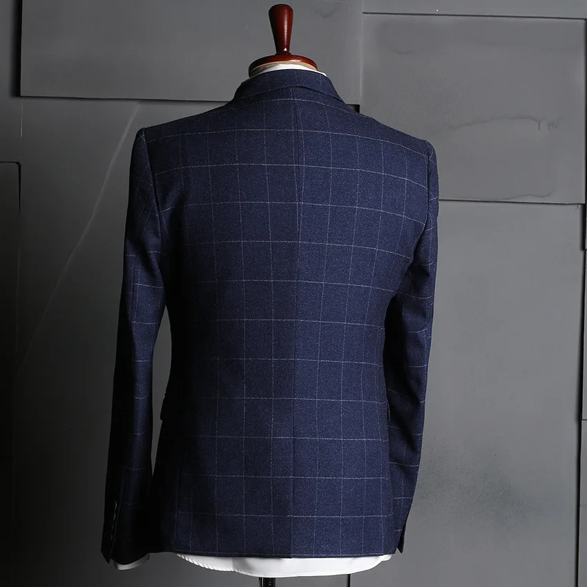 Mens Suit Men's 3 Pieces Business Blue Plaid Suits Male Casual Blazer Jacket For Wedding Dress XFD0020 | Мужская одежда