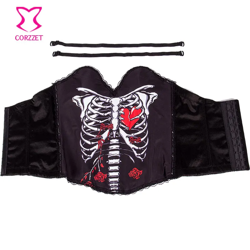 Skeleton&ampRed Heart Print Burlesque Corselet Corset Overbust Push Up Corsets And Bustiers Sexy Korsett For Women Gothic Clothing | Женская