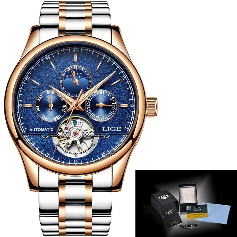 Gold blue LIGE мужские часы модный спортивный Топ люксовый бренд часы мужские деловые водостойкие полный стальной механические часы Relogio Masculino+ коробка - Цвет: Gold blue