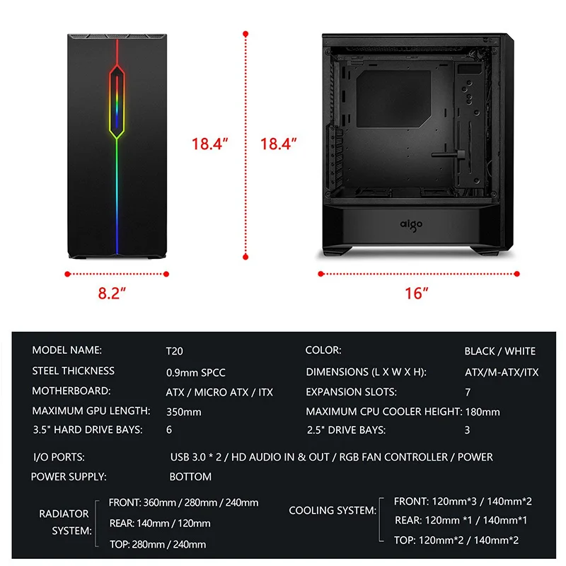 Aigo чехол для компьютерного корпуса ATX Mid-Tower из закаленного стекла для игрового рабочего стола RGB PC чехол для компьютера с 1 шт. 120 мм светодиодный Радужный вентилятор