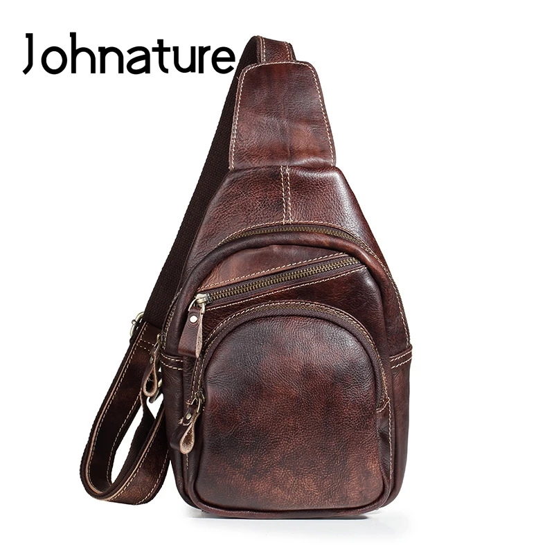 

Johnature Genuine Leather Men Chest Bags 2021 New Vintage Leisure Crossbody Bags Cow Leather Solid Color Messenger Bag